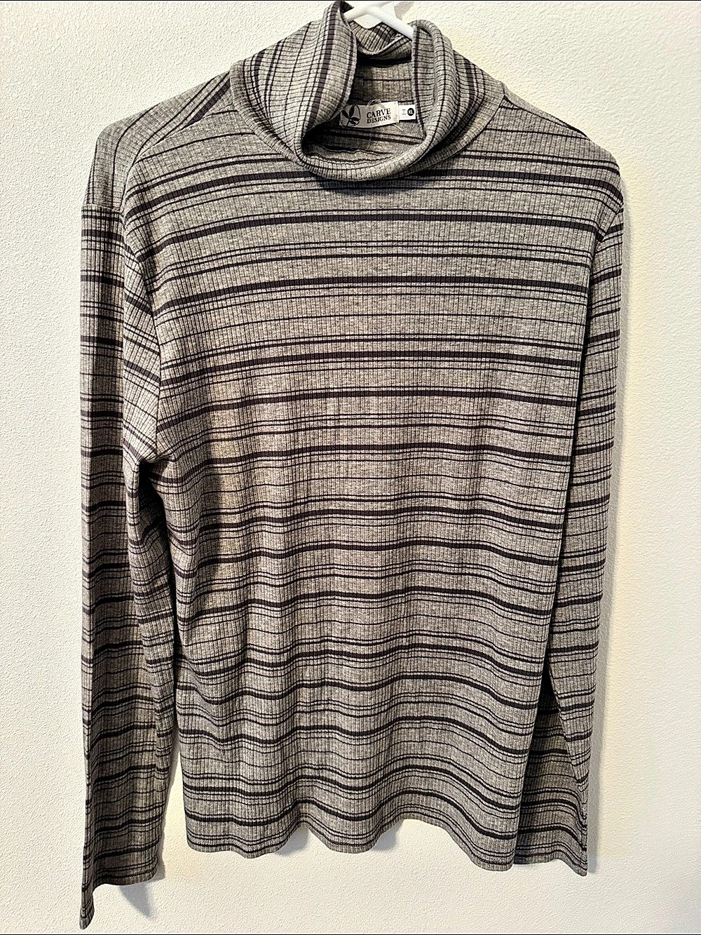 CARVE DESIGNS Striped Cowl Neck Top in Gray & Black XL